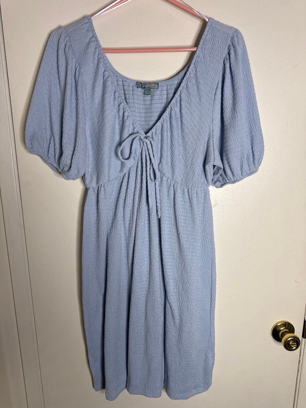 Good Luck Gem Sz L Girly Coquette Blue Midi Dress- Front Tie & Puff Sleeves